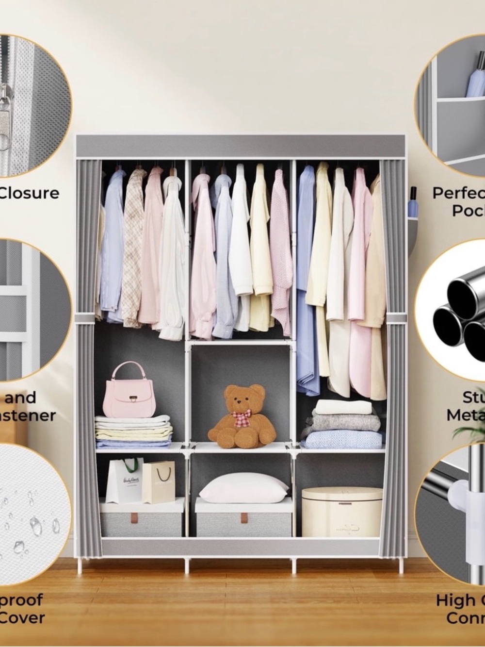 41 Inch Portable Wardrobe Closet W/ 3 Hanging Rods And 6 Storage Shelves. Grey